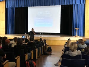Chris La Tray speaks to students at Columbia Falls High School, photo by teacher-librarian Alia Hanson